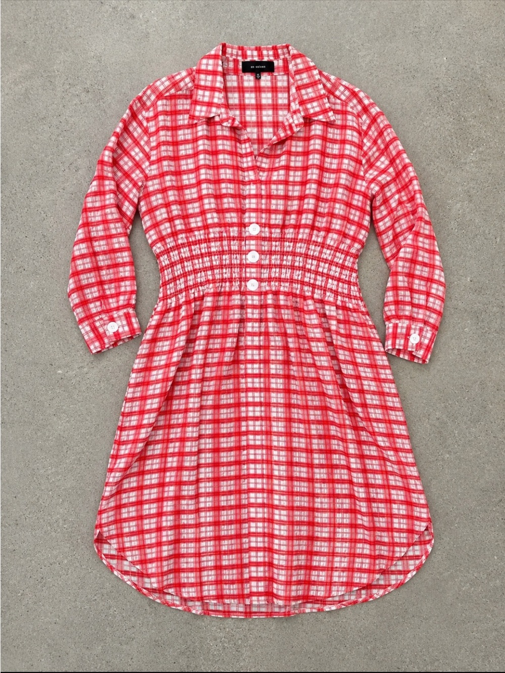 En Saison Smocked Shirt Dress Woman Medium Red White Plaid Lined Collar Retro